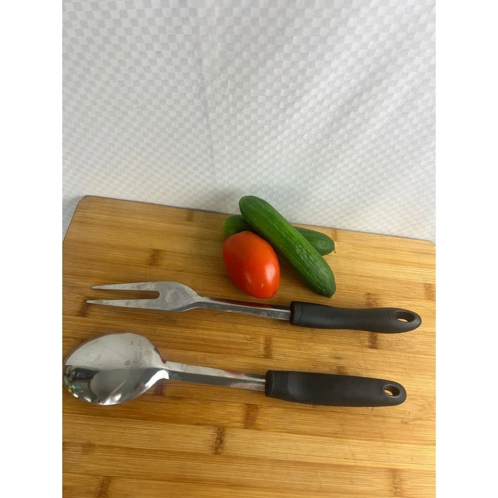Stainless Steel Serving Set Large Spoon and‎ Meat Fork Black Ergonomic Handles